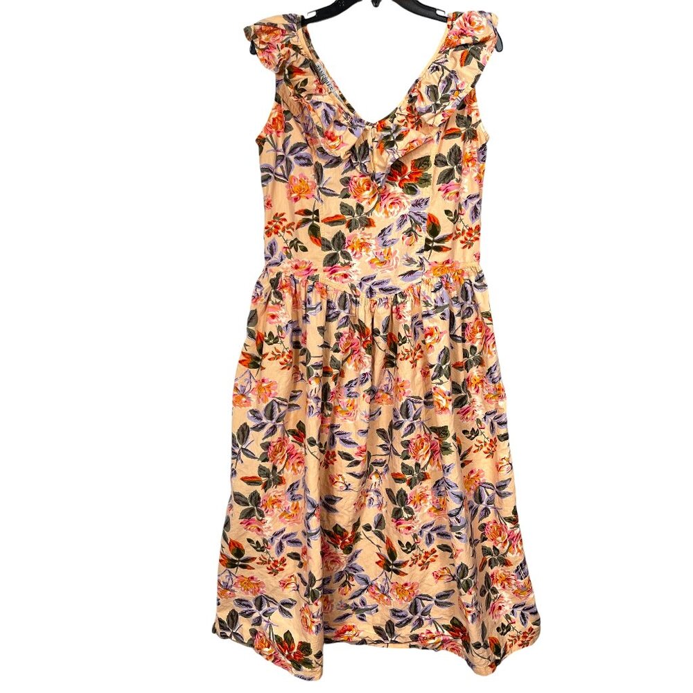 Vintage Tangibles Dress Small Yellow Floral Ruffle Cotton Button Prairie Pockets